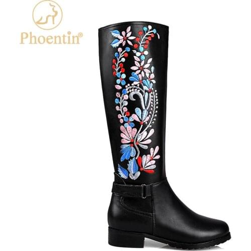 Phoentin Floral Embroidered knee High Riding boots 2020 genuine leather long boots women Low heels round toe shoes black FT1295