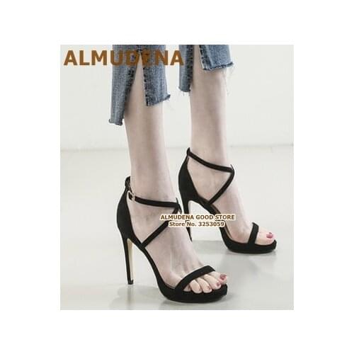 ALMUDENA Women Concise Black Suede Buckle Strap Sandals Thin Heels Cross Strappy Pumps Evening Party Shoes Dropship Heels