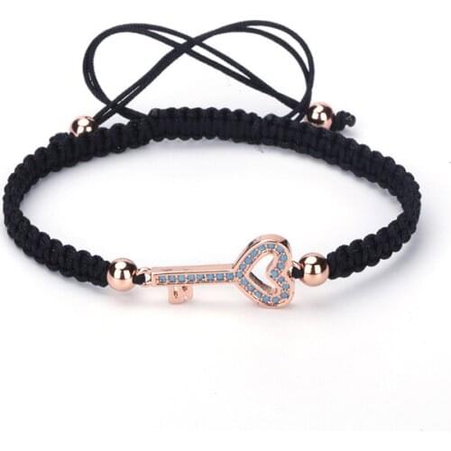 New Arrival Fashion Pattern Key CZ Beads Rhinestone Handmade Black Thread Braided Lace-up Women Bracelets Anniversary Gift