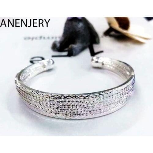 ANENJERY 925 Sterling Silver Wholesale Wide Lines Pattern Bangle Bracelet For Women Open Bangle Jewelry Accessories S-B286
