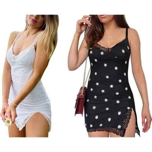 2x Embroidery Lace Sexy Bodycon Dress Split Dresses Ladies Embroidery Sleeveless Short Dress Y2K S White & Black