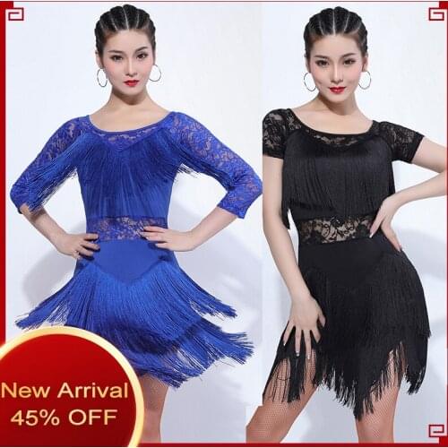 Sexy Lace Long-Sleeved Latin Dance Practice Dress Female Irregular Fringed Dresses Standard Ballroom Performance Clothing DL5488