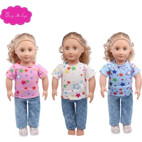 18 inch Girls doll clothes Star print T-shirt + blue jeans American newborn Dress Baby toys fit 43 cm baby dolls c530