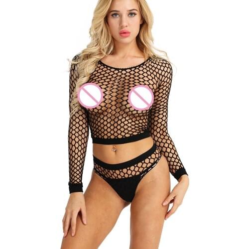 2Pcs Women Hollow Out Bikini Sets Fishnet Soft Stretchy Lingerie Sets Top with Bottoms Underwear fishnet babydoll lingerie set