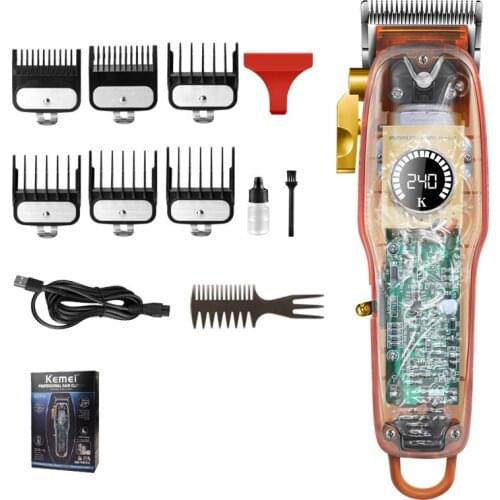 Kemei Cordless Hair Clipper for Beginner Salon Fade Hair Cutter Beard Trimmer Razor LED Display Grooming Kit Color Transparent