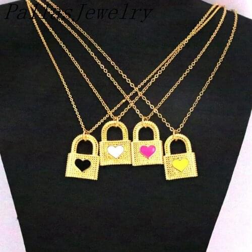 10Pcs Gold-color Enamel Lock Pendant Necklace For Women Heart Padlock Pendant Necklace Female Fashion Jewelry