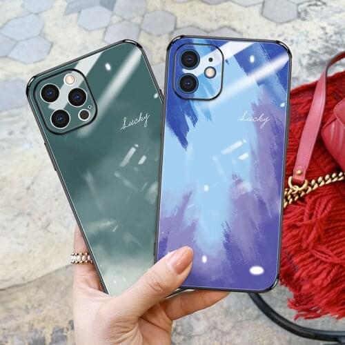 For Apple 12 phone case for iphone12pro glass oil painting watercolor 12+ silicone lens all-inclusive straight edge case