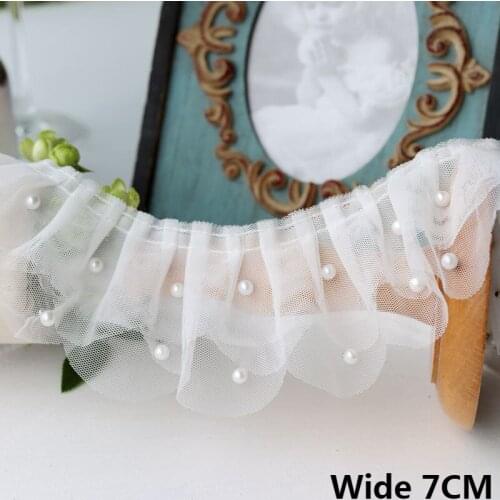 7CM Wide Double Layers White Mesh Frilled Embroidered Ribbon Beaded Fringe Lace Edge Ruffle Trim Dress DIY Stitched Sewing Decor
