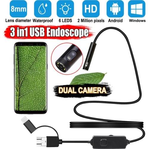 2MP HD 1080P Endoscope Camera IP67 Dual 8mm Lens With Adjustable White Light Snake Tube Endoscope For Type-C Android Phone & PC
