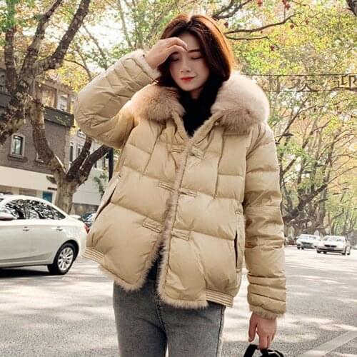 Fitaylor Women Coat 90% Duck Down Jacket Real Fox Fur Collar Hooded Jacket Elegant Female Thick Warm Button Duck Down Outwear