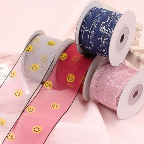 New (25mm 40mm) Organza Silk Ribbon Printed Letter/Smiling Face Ribbon DIY Hair Bow-knot Accessories Handmade Ribbon 5 Meters