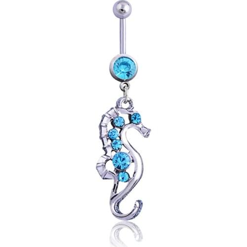 Seahorse Hypoallergenic surgical steel Rhodium Plated Dangle 14 G 3/8 Bar Length Belly Button Ring