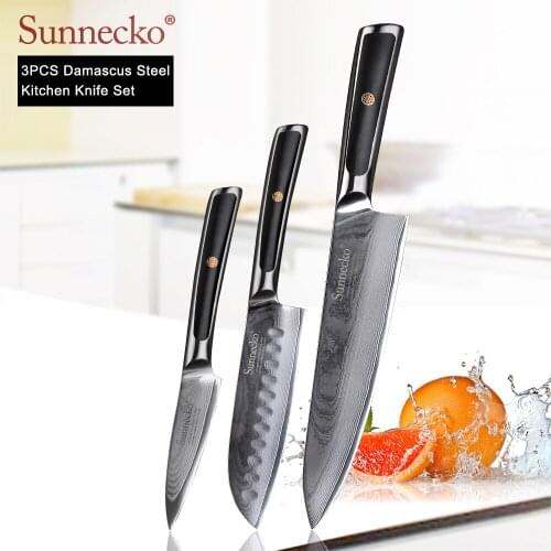 SUNNECKO Chef Santoku Paring Knife Damascus Japanese VG10 Core Steel Blade Sharp Cutter Tool G10 Handle 3PCS Kitchen Knives Set