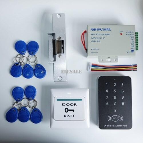 NEW Rfid Door Access Control System Kit Set Strike Door Lock Rfid Keypad Exit Button 12V Power Supply 10 Keyfobs