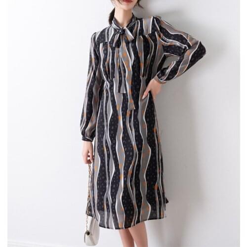 Summer new boutique dress bowknot tie-in vertical grain contrast color printing long-sleeve silk dress
