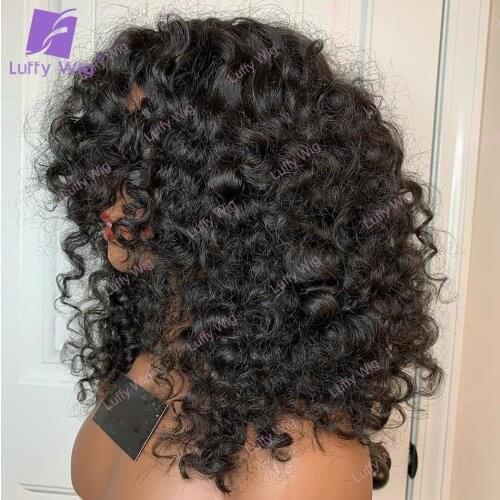 Short Curly Human Hair Wigs For Black Women Brazilian Remy Hair No Lace Curly Bob Wig With Bangs Glueless 200 Density LUFFY