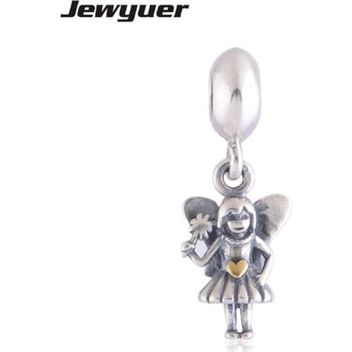 Fairy Dangle Charms 925 Sterling Silver with golden heart beads fit Bracelets necklace DIY Making fine Memnon Jewelry Wholesale