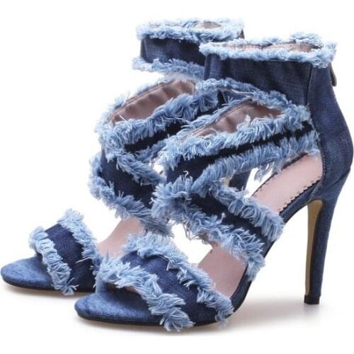 Hot Women Frazzle Edged Blue Denim Sandals Ladies Crossed Jeans Strap High Heel Gladiator Sandals Open toe Street Fashion Shoes