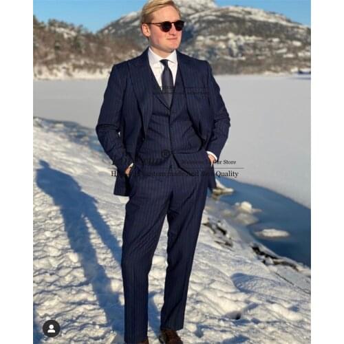 Dark Stripe Men Suits Slim Fit Blazer Costume Homme Marriage Tuxedos Groom Wedding Terno Masculino 3 Pcs Jacket+Pant+Vest