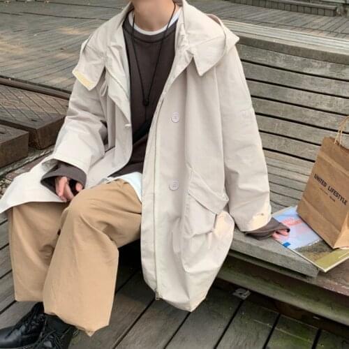 Spring Cotton Trench Coat Mens Fashion Casual Hooded Long Coat Men Streetwear Korean Oversize Windbreaker Jacket Mens Overcoat