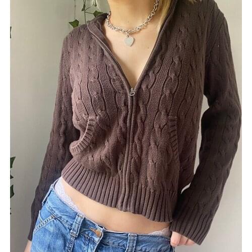 Streetwear Autumn Retro Solid Cardigans Casual Zip Up Loose Grunge Hoodie Top Solid Front Pockets Chic Knitwear