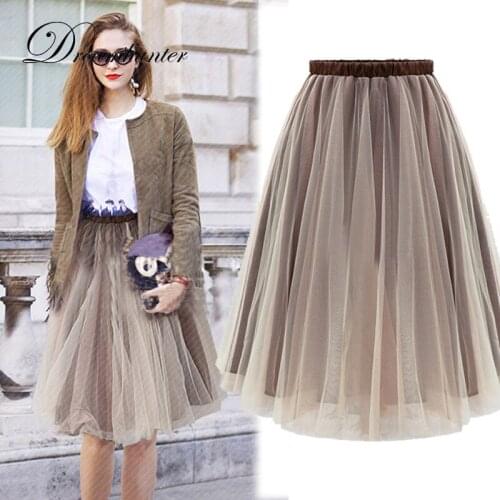 Spring Summer Tulle Skirts Womens BlackGray Brown Adult Tulle Skirt Elastic High Waist Pleated Midi Skirt Tutu Skirt Jupe Longue