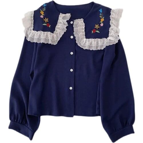 Autumn Korean style lace doll collar embroidered shirt women