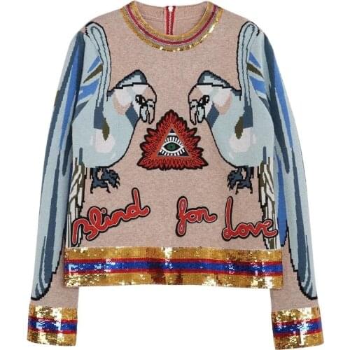 2020 Autumn Winter Runway Embroidery Sequined Knitting Sweaters Fashion Parrot Jacquard Long Sleeve O Neck Women Pullover Jumper