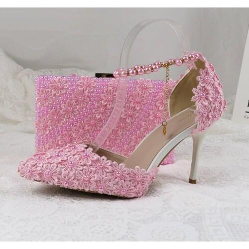 BaoYaFang Baby Pink Flower Party Shoes Pointed Toe Wedding Shoe Summer Sandals 7cm/9cm High Heel Women Party Shoes Ankle Strap