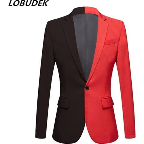 Bar Stage Male Singer Splicing Blazer Men Slim Fit One Button Red Black Casual Coat Evening Party Performance Host Suit Jacket
