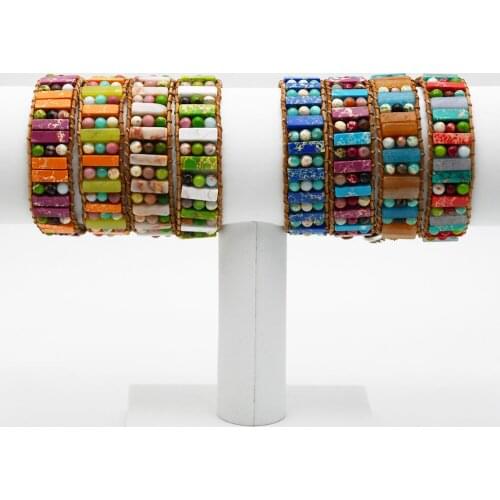 KBJW 2019 New Women Boho Bracelet Tube Shape Natural Stone Single Leather Wrap Bracelet Semi Precious Stone Beaded Cuff Bracelet