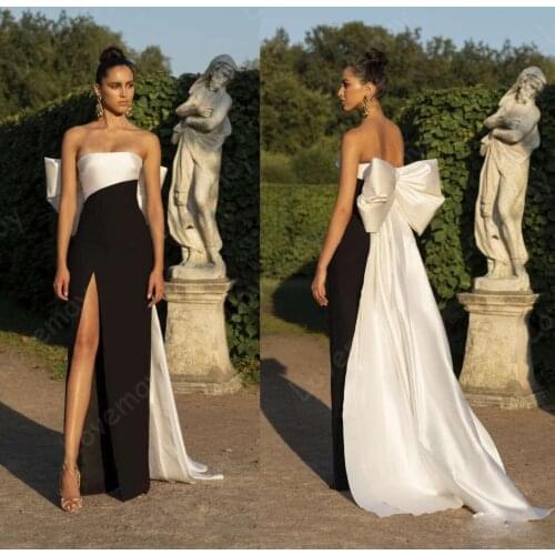 Black and White Mermaid Evening Dresses 2021 Strapless High Side Split Long Satin Formal Prom Party Gowns Robes De Soirée