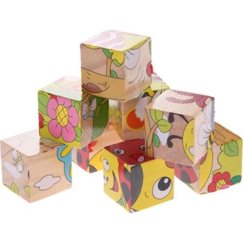 Cartoon 3D Animal Pattern Wooden Cubes Blocks Children Early Educational Toy