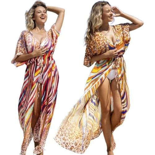 Women Bikini Swimsuit Cover Up Rainbow Striped Leopard Print Kimono Cardigan Open Front Long Beach Dress Blouse Drawstring C6UD