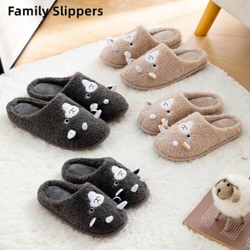 Winter House Family Parent-Child Lamb Fur Slippers Cartoon Sheep Ladies Fluffy Slides Warm Plush Bedroom Women Men Fur Slippers