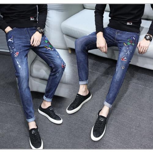Stretch embroidered jeans men Korean fashion slim leggings black worn-out youth embroidered pants