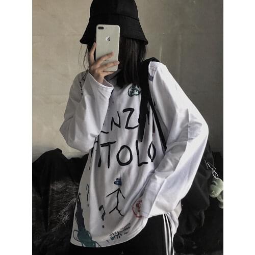 Spring letter printed oversized T Shirt harajuku Women long Sleeve T-shirts autumn white Tops Casual long Tshirt female T-shirt