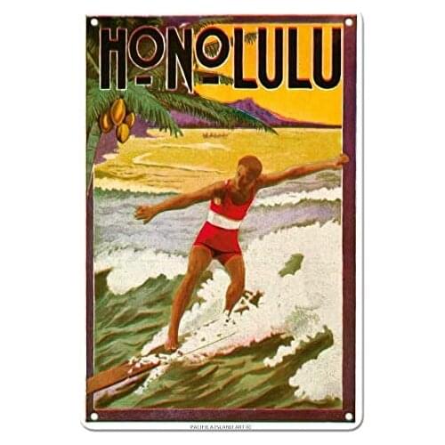 Honolulu, Hawaii - Hawaiian Surf Rider - Hawaiian Travel Advertisement by Lucille Webster Holling c.1918 Metal Tin Sign