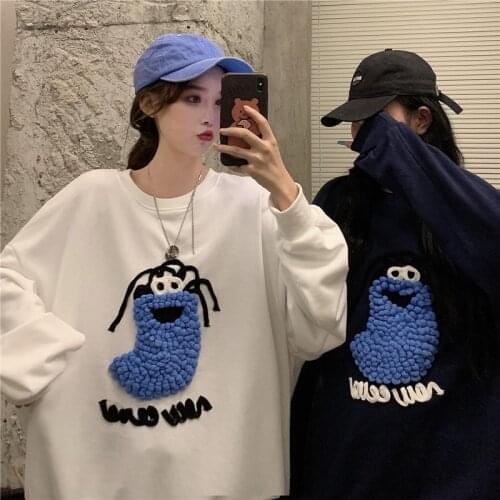 Cotton Embroidery Cartoon Sweatshirt Women For Autumn Spring Korean O-neck Loose Student Thin Sweatshirt Female