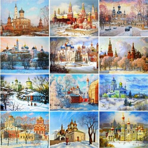 HUACAN DIY Frame Picture By Numbers Church HandPainted Wall Art Unique Gift Paint By Number Winter Scenery For Living Room