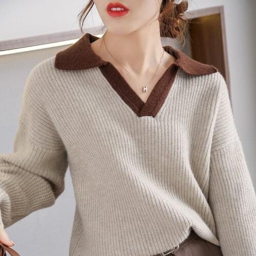 Cashmere Sweater women 2021 new 100% wool Sweater women pullover lapel knit bottoming loose large size thickening to keep warm