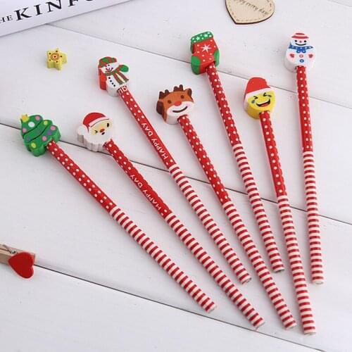 Hot Sale Creative Christmas Stationery 5pcs/Lot Santa Claus Snowman Tree Pencil with Eraser Cap for School Office Supplies A021