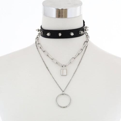 Layered padlock chain necklace women/men punk rock goth spike choker collar lock pendant necklace black emo accessory jewelry