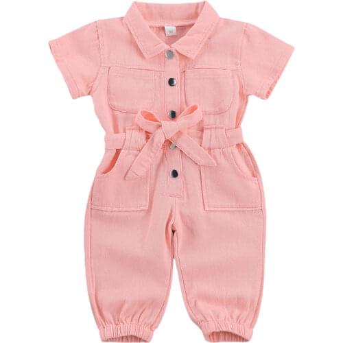 Fashion Girls' Jumpsuit Clothes Solid Short Sleeve Single Breasted Turn Down Collar Rompers 1-6Y