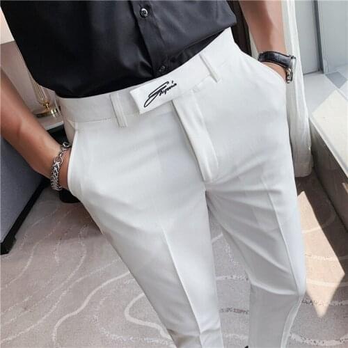 2021 Embroidered Trousers Mens Korean Fashion Slim Fit Suit Pants Business Casual Non-iron Ankle Length Pants Streetwear