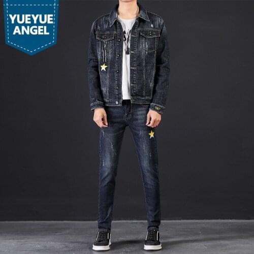 Mens Denim Sets Korean Style Fashion 2021 Spring Autumn Casual Stretch Denim Jackets High Street Male Solid Pants Two-Piece Suit