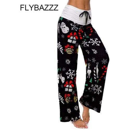 New Women Yoga Pants Loose Christmas Print Drawstring Wide Leg Pants Female Fashion Patckwork Trousers Long Sweatpants Plus Size