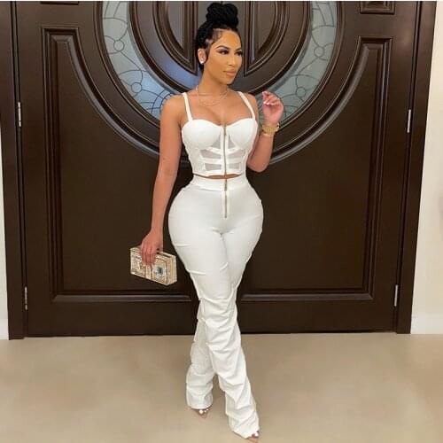 Sexy Party 2 Piece Set Women Elegant Spaghetti Strap Strapless Crop Top Hight Waisted Stacked Pants Matching Sets Club Outfits