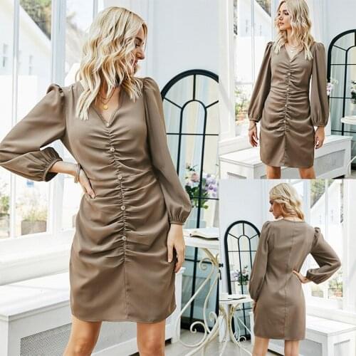 Women Dress V Neck Pleated Single Buttin Mini Dress Female Long Sleeve Fashion Office Lady Straight Slim Dress Vestidos Mujer