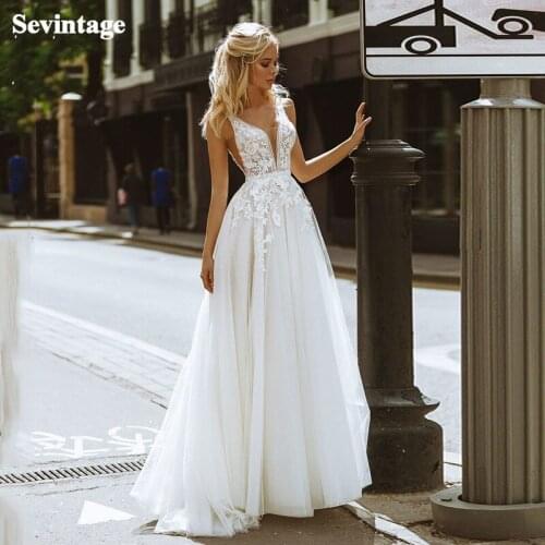 Sevintage Newest Lace Wedding Dresses Boho Appliques Deep V-Neck Pearls Beach Wedding Gowns Open Back Bridal Dress Customize